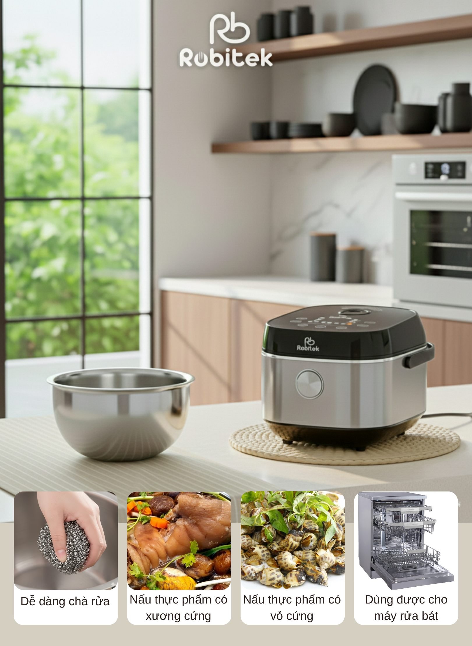NỒI CƠM ĐIỆN LÒNG INOX ROBITEK RC18 COLOR – DUNG TÍCH 1.8L – NẤU CƠM TÁCH ĐƯỜNG, NỒI CƠM 14 CHỨC NĂNG